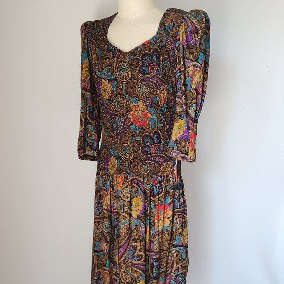 Vintage NWT ACT I New York Floral Paisley Smocked Midi Dress Drop-waist - Picture 4 of 14